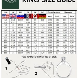 May include: Ring size guide with measurements in inches and millimeters. Includes a chart with USA, UK, RU, FR, CA, and DE ring sizes. Instructions on how to measure finger size using string and a ruler are also shown.