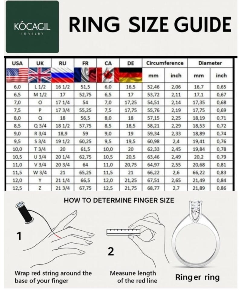 May include: Ring size guide with measurements in inches and millimeters. Includes a chart with USA, UK, RU, FR, CA, and DE ring sizes. Instructions on how to measure finger size using string and a ruler are also shown.