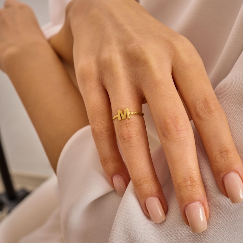 Solid Gold Initial Ring – Dainty Personalized Letter Monogram Band image 9