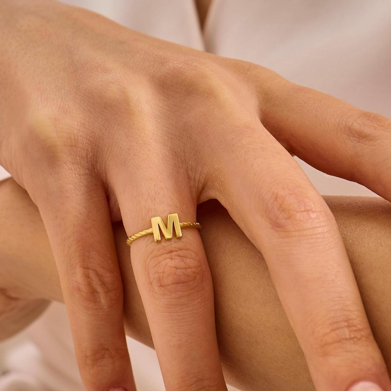 Solid Gold Initial Ring – Dainty Personalized Letter Monogram Band image 1