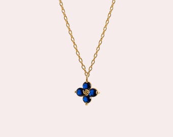 Dainty Sapphire Flower Necklace: Solid Gold Botanical Jewelry, Handmade Sapphire Floral Pendant