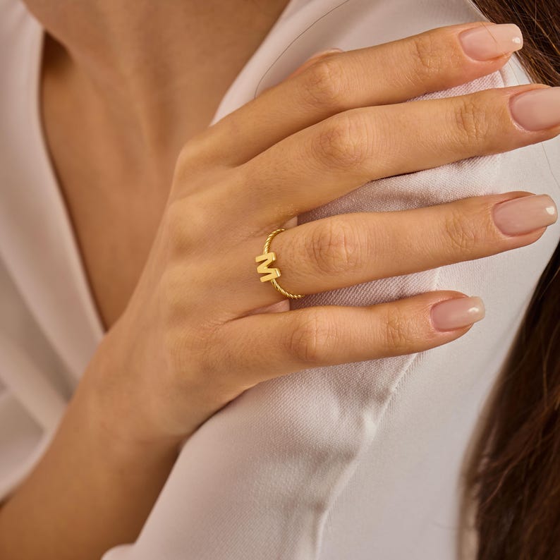 Solid Gold Initial Ring – Dainty Personalized Letter Monogram Band image 6