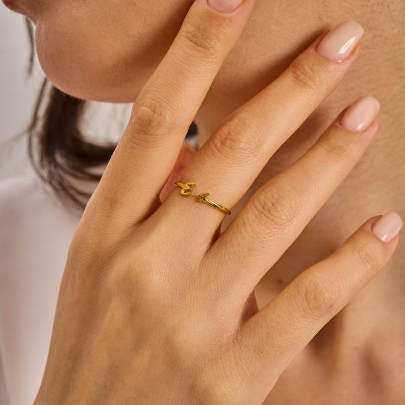 Custom Initial Ring - Personalized Gold Letter - Dainty Stacking Ring - Bridesmaid Mothers Day image 3