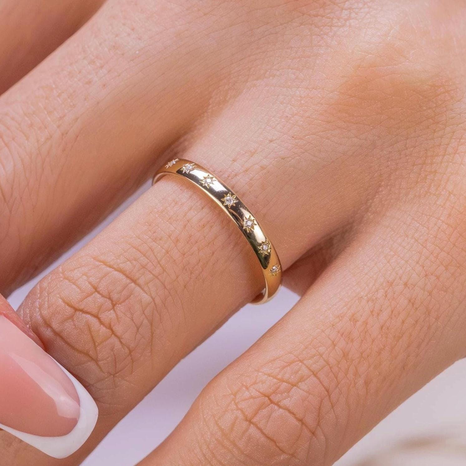 Tiny Half Eternity Diamond Stars Band Ring: Minimalist Celestial