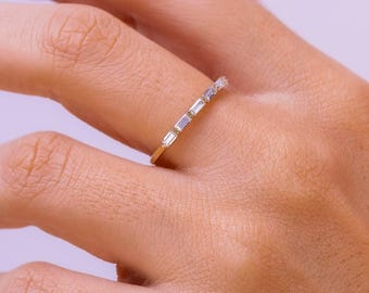Baguette Diamond Ring, Dainty Gold Stacking Ring, Diamond Engagement Band, Thin Wedding Ring, Anniversary Gift for Her