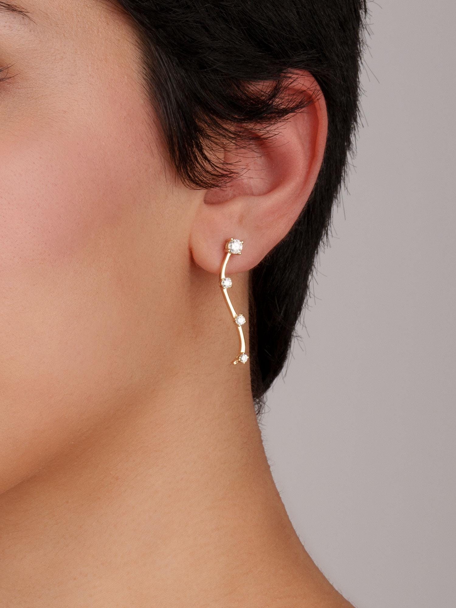 14K Solid Gold Curved Bar Earrings – Dainty Zirconia Stud Earrings