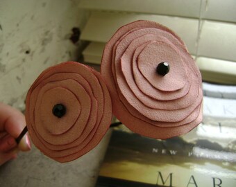 Peachy Pink Suede with Black Sparkle Center Flower Headband