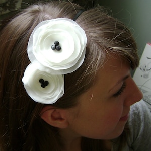 Melissa-White Chiffon with Black disc beads Flower Headband