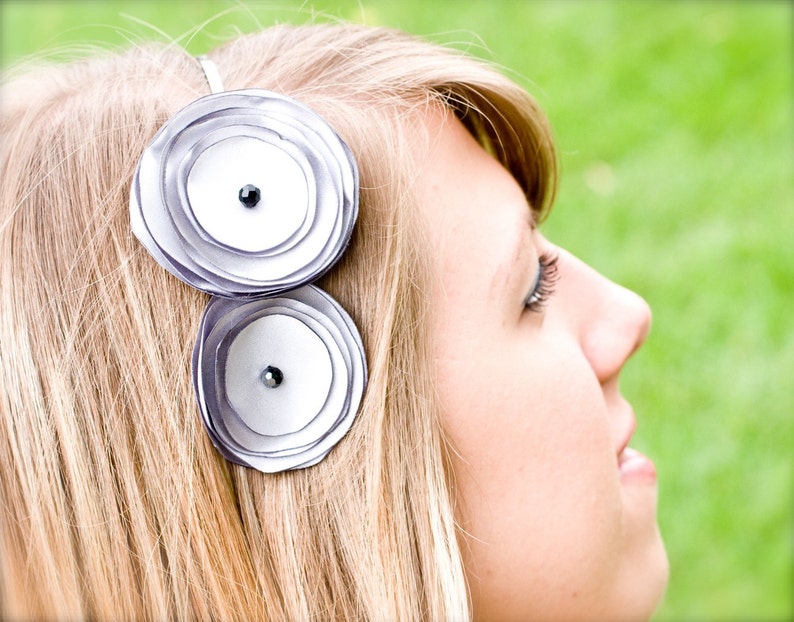 Becky-Matte Silver Flower Headband with black bead centers image 3