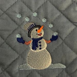 May include: Embroidered blue quilted pot holder with a snowman design. The snowman is wearing a blue and white hat, a blue scarf, and blue mittens. The snowman is throwing snowballs and there are snowflakes in the background.