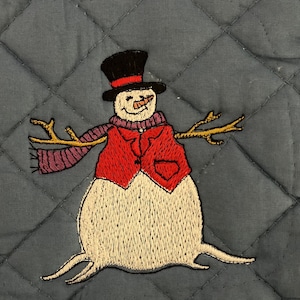 May include: A blue quilted pot holder with an embroidered snowman wearing a black top hat, red vest, and purple scarf.