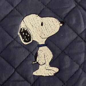 May include: A blue quilted hot pad with an embroidered image of Snoopy, a white beagle with black ears, standing on his hind legs.