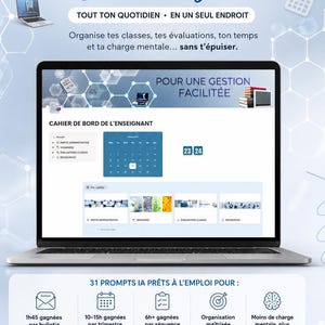 Peut inclure: Un ordinateur portable affiche le modèle Notion "LE CAHIER DE BORD de l'enseignant". L'écran montre un calendrier et d'autres outils d'organisation. L'image comprend du texte sur les fonctionnalités de gain de temps et un appel à télécharger le modèle.