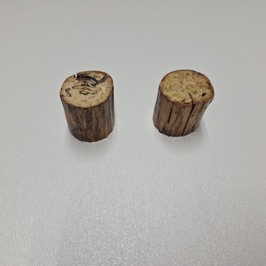 Puede incluir: Dos pequeños objetos cilíndricos de madera con un aspecto natural y texturizado. Los extremos de la madera muestran el patrón de la veta, y los lados tienen una textura rugosa, similar a la corteza. La madera es de color marrón cálido.