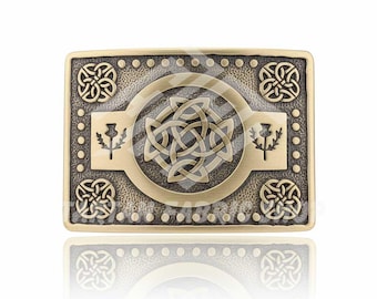 Premium Kilt Belt Buckle – Traditional Handmade Brass Antique Celtic Knots Design - Scottish Celtic Kilt Buckle – Size 3.5 x 2.5 Inch