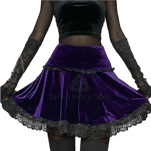 Gothic Purple Velvet Mini Skirt with Black Floral Lace Hem-Goth Style Mini Skirt-Dark Romantic Velvet Women’s High Waisted Skirt