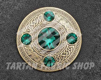 Premium Handmade Brooch Pin - Made of Antique Brass Metal - 5 Crystals Green Color - Scottish  Fly Plaid Brooch Pin - Size 3.5 x 3.5
