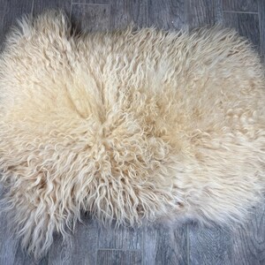 May include: A cream-colored, sheepskin rug with long, curly wool fibers. The rug has an irregular shape and is placed on a gray wooden floor. The wool fibers are dense and create a soft, textured appearance.