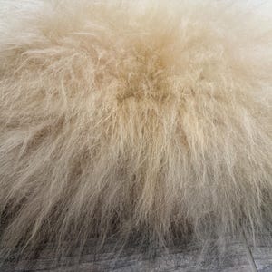 May include: Close-up of a fluffy, cream-colored rug with long, textured fibers. The rug has a dense, shaggy appearance, with strands of varying lengths creating a soft, inviting look. The neutral color and texture suggest a cozy home decor item.