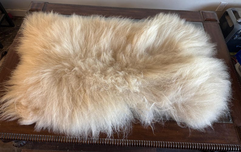 May include: A cream-colored, shaggy sheepskin rug. The rug has long, soft fibers and a natural, irregular shape. It is placed on a dark wooden surface, creating a contrast in textures and colors. The rug appears to be a cozy and decorative home accessory.