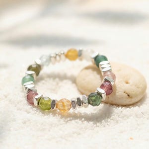 Beaded Ring Natural Stone Ring Amazonite Ring Tourmaline Ring Stretch Ring Summer Jewelry Boho Ring Stackable Ring