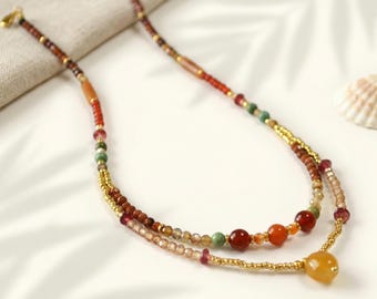 Boho Beaded Layered Necklace, Natural Stone Double Layer Necklace, Earth Tone Jewelry, Handmade Vintage Necklace for Women