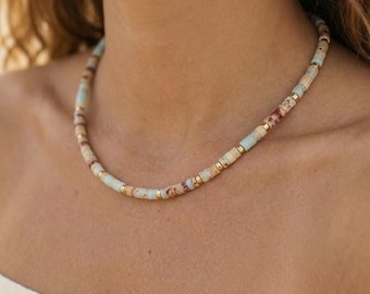 Ocean Beaded Necklace Natural Stone Choker, Blue Green Beach Necklace, Summer Vacation Jewelry Gift for Her