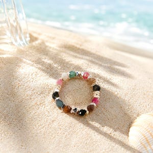 Beaded Ring Natural Stone Ring Amazonite Ring Tourmaline Ring Stretch Ring Summer Jewelry Boho Ring Stackable Ring