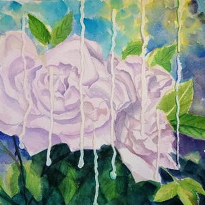 Mes roses blancs dans jardin, Aquarelle imprimée 30x40 cm sur papier cartonné, Art floral, fleurs blanches, décoration murale