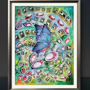 Papillon bleu dans mondes parallèles ,Impression sur papier cartonné, Art papillon, illustration poétique, univers onirique, cadeau unique