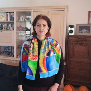 Women&#39;s Silk Square Scarf 140 in 140 cm, Luxury Printed Artistic Shawl, Elegant Fashion Accessory, Gift for Her, Unique Artwork