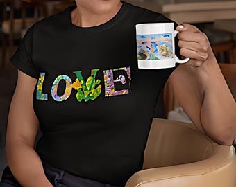 Floral LOVE T-shirt, unisex black, Original gift for women or men, Valentine's Day gift idea, Birthday, Summer gift, gift for her or him