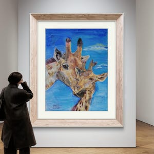 œuvre Girafe et girafon imprimé en haute qualité sur papier cartonné de 300 gr, signé par artiste Farnaz Pishro, Cadeau fête des mères