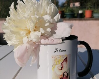 Mug personnalisé oiseaux amoureux – Dessin poétique aux crayons de couleur – Cadeau romantique en céramique – Fête des mères ou pour couple