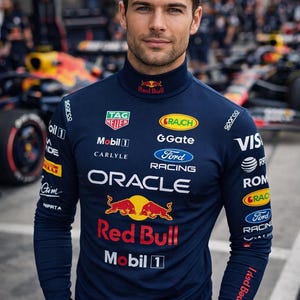 May include: A man wearing a navy blue Red Bull Racing long-sleeve shirt with multiple sponsor logos. The shirt features the Red Bull logo and the text "Mobil 1" and "Oracle". The background includes a Formula 1 car.