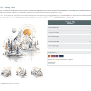 以下が含まれることがあります： デジタル製品ギャラリーの詳細ページ。山の風景イラストが特徴です。ページには、製品情報セクション、フォーム要素、および「カートに追加」ボタンが含まれています。イラストには、山、木、太陽が描かれています。