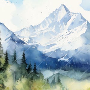 May include: A watercolour painting depicting a mountain range with snow-covered peaks. The foreground shows a forest of green and yellow trees. The sky is a light blue with soft clouds. The artwork has a serene and natural theme.