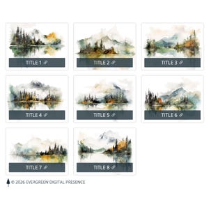 May include: Eight watercolour landscape prints are displayed. Each print depicts a tranquil scene of trees, mountains, and water, using a muted palette of greens, blues, and yellows. Each print has a title at the bottom.