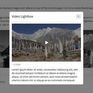May include: A screenshot of a webpage with a pop-up video lightbox. The lightbox displays a video with a play button over a scenic mountain landscape. The text "Video Lightbox" is at the top, and a block of Latin text is at the bottom.