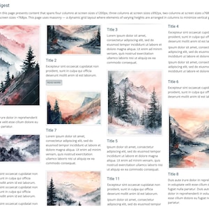 May include: A webpage layout showcasing watercolour landscape paintings of mountains, trees, and water in pink, blue, and grey hues. The page includes titles and placeholder text, arranged in a grid format.