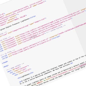 May include: A webpage code snippet with HTML, CSS, and JavaScript elements. The text includes meta tags, links to CSS files, and script tags. The title is "Evergreen Digital Presence: Lightboxes".