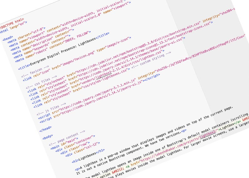 May include: A webpage code snippet with HTML, CSS, and JavaScript elements. The text includes meta tags, links to CSS files, and script tags. The title is "Evergreen Digital Presence: Lightboxes".