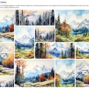 May include: A collection of watercolour landscape paintings depicting mountains, forests, and water features. The artwork presents diverse scenes with snow-covered peaks, autumnal trees, and tranquil skies. The text "Flexbox Gallery" is visible at the top.