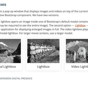 May include: A webpage screenshot with the title "Lightboxes" and three image examples: "Modal Lightbox", "Lightbox", and "Video Lightbox". The text describes lightboxes as pop-up windows for images and videos.