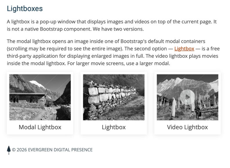 May include: A webpage screenshot with the title "Lightboxes" and three image examples: "Modal Lightbox", "Lightbox", and "Video Lightbox". The text describes lightboxes as pop-up windows for images and videos.