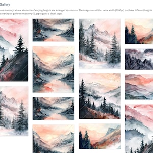 May include: A collection of watercolor landscape paintings featuring mountains, trees, and bodies of water. The color palette includes shades of pink, gray, and blue. The text "Masonry Gallery" is at the top.