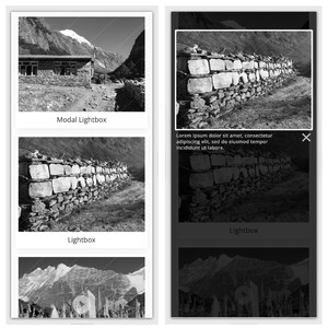 May include: Black and white images of a stone wall, mountains, and a building. The text "Modal Lightbox" and "Lightbox" are visible. One image includes placeholder text. The images are displayed in a grid layout.