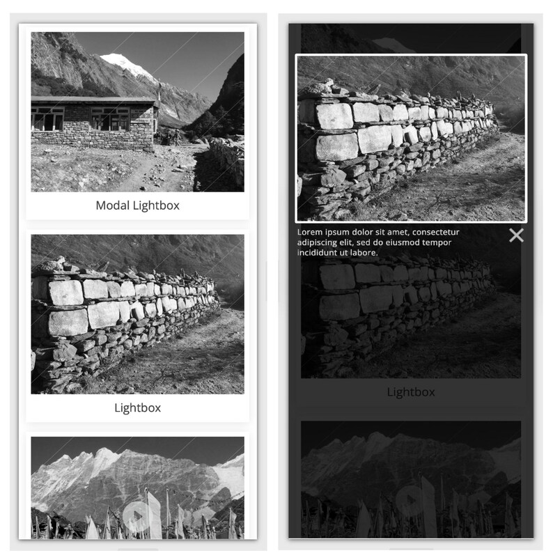 May include: Black and white images of a stone wall, mountains, and a building. The text "Modal Lightbox" and "Lightbox" are visible. One image includes placeholder text. The images are displayed in a grid layout.