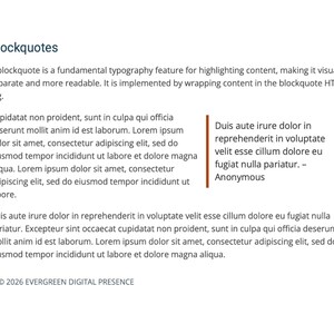 Puede incluir: Una página blanca con el título "Blockquotes" en verde azulado. La página contiene texto que explica las citas en bloque, con texto de ejemplo en negro y una cita resaltada en un cuadro marrón. La parte inferior de la página tiene la información de derechos de autor.