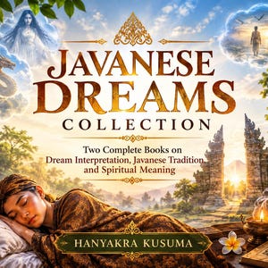 May include: A book cover titled Javanese Dreams Collection featuring a person sleeping in traditional attire. The design includes a dragon, a spirit figure, a sunset landscape with stone gates, a burning incense burner, and the author name Hanyakra Kusuma.